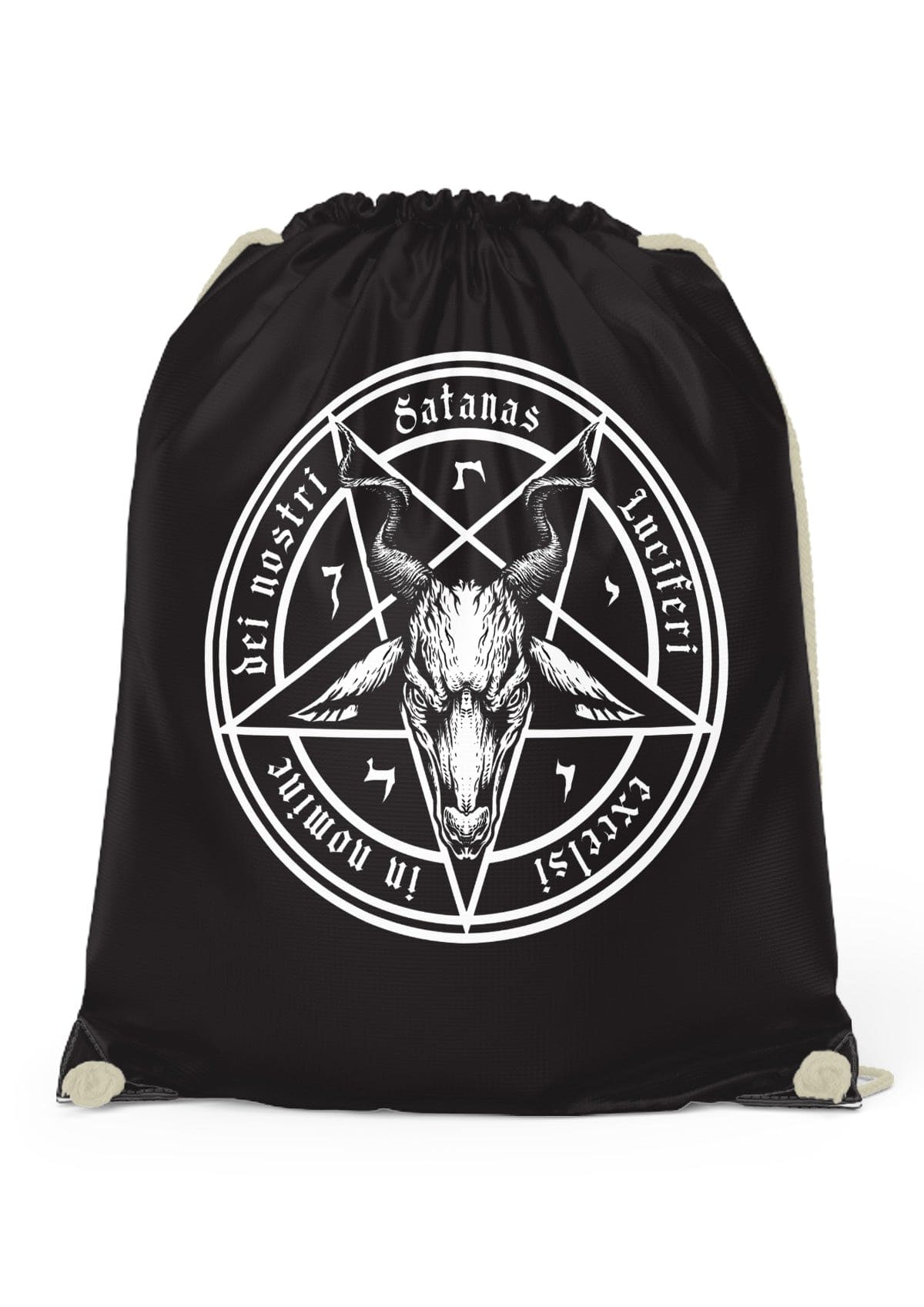 SATANAS Gym Bag: schwarze Tasche mit weißem Pentagramm, Ziegenkopf und Gothic-Design